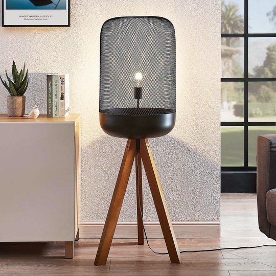 Lindby Eymen tripod -lattialamppu, häkkivarjostin